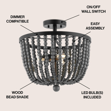 Drift Wood Bead 16" Bohemian Farmhouse Iron LED Semi Flush Mount - JONATHAN Y